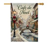 Drapeau de maison avec scène de Noël - 71 x 101 cm | Scène de village d'hiver, drapeau de pelouse, chemin pavé, pont de pierre, lampadaires lumineux, couronnes festives