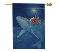 Drapeau de maison baleine fantaisie Père Noël sapin de Noël bleu toile de jute double face extérieur grand drapeau de jardin pour extérieur, terrasse, cour, pelouse, entrée, balcon 71 x 101,6 cm