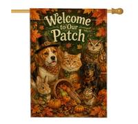 Drapeau de maison Beagle de bienvenue pour la récolte des animaux d'automne | Illustration de beagle et chat, drapeau de pelouse, thème de récolte d'automne, feuillage d'automne rustique