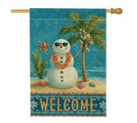 Drapeau de maison bonhomme de neige, coquille de palmier tropical d'été bleu en toile de jute double face décorative pour extérieur, cour, pelouse, terrasse, porte, entrée, 71,1 x 101,6 cm