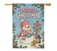 Drapeau de maison bonhomme de neige Merry Christmas 71,1 x 101,6 cm | Signalisation du pôle Nord, drapeau de pelouse, bonhomme en pain d'épices, branches de pin, thème du pays des merveilles