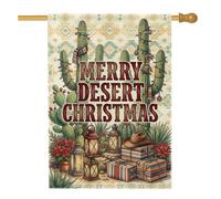 Drapeau de maison cactus Merry Desert Christmas 71,1 x 101,6 cm | Thème occidental, drapeau de pelouse, fond géométrique, lanternes décoratives, chapeau de cowboy, cadeaux emballés