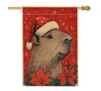 Drapeau de maison Capybara de Noël 71,1 x 101,6 cm double face pour décoration extérieure, poinsettia de Noël vintage en lin, drapeau de maison, motif animal extérieur, drapeau de pelouse