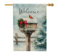 Drapeau de maison cardinal, couronne rustique d'hiver pour boîte aux lettres, rouge hiver double face en toile de jute décorative pour extérieur, terrasse, cour, pelouse, entrée, balcon, 71,1 x 101,6