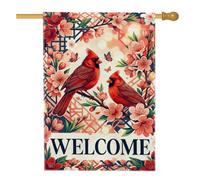 Drapeau de maison cardinal, fleur printanière, papillon, toile de jute rouge, double face, décoration extérieure pour extérieur, cour, pelouse, terrasse, porte, entrée, 71,1 x 101,6 cm