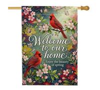 Drapeau de maison cardinal, fleurs florales printanières, papillons, toile de jute rouge printanière, double face, drapeaux décoratifs pour porche, extérieur, terrasse, pelouse, entrée, camping, 71,1