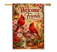 Drapeau de maison cardinal, fleurs naturelles rustiques, lanterne printanière, rouge, double face, en toile de jute pour porche, extérieur, terrasse, pelouse, entrée, camping, 71,1 x 101,6 cm