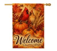Drapeau de maison cardinal, motif citrouilles rustiques, feuilles d'automne rouge en toile de jute double face pour porche, extérieur, terrasse, pelouse, entrée, camping, 71,1 x 101,6 cm