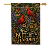 Drapeau de maison cardinal, papillon botanique nature lavande printemps rouge double face en toile de jute décorative pour extérieur, cour, pelouse, patio, porte, entrée, 71,1 x 101,6 cm