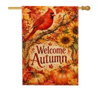 Drapeau de maison cardinal, rustique, vintage, tournesol, citrouilles, toile de jute rouge automne, double face, décoration extérieure pour porche, terrasse, cour, pelouse, entrée, balcon, 71,1 x