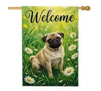 Drapeau de maison carlin, bienvenue nature chrysanthème herbe printanière vert double face en toile de jute avant porche drapeaux décoratifs pour extérieur, terrasse, pelouse, entrée, camping 71,1 x