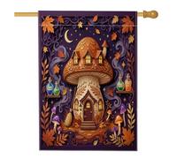 Drapeau de maison champignon, fantaisie fantaisie feuilles de potion violettes d'automne en toile de jute double face pour extérieur, pelouse, cour, patio, entrée 71 x 101,6 cm