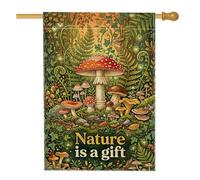 Drapeau de maison champignon, nature fantaisiste feuille fougère toile de jute vert automne double face décoratif extérieur porche drapeaux pour extérieur, pelouse, cour, patio, entrée 71,1 x 101,6 cm