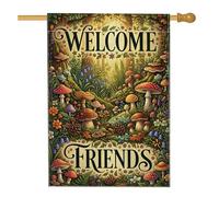 Drapeau de maison champignon, nature fantaisiste fougère en toile de jute vert automne double face décoratif extérieur porche drapeaux pour extérieur, terrasse, pelouse, entrée, camping 71,1 x 101,6