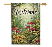 Drapeau de maison champignon, nature fantaisiste fougère papillon printemps toile de jute verte double face avant porche drapeaux décoratifs pour extérieur, terrasse, cour, pelouse, entrée, balcon 71