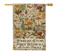 Drapeau de maison champignons, botanique rustique, feuilles rustiques, fougères, toile de jute marron automnale, double face, grand drapeau de jardin pour extérieur, terrasse, cour, pelouse, entrée