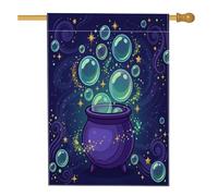 Drapeau de maison chaudron - Bulles mystiques - Étoiles d'Halloween - Bleu marine - Double face - Pour porche, extérieur, terrasse, cour, pelouse, entrée, balcon - 71 x 101 cm