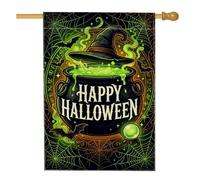 Drapeau de maison chaudron, chapeau de sorcière fantaisie effrayant, toile d'araignée, toile d'araignée, vert double face, en toile de jute décorative pour extérieur, pelouse, cour, patio, entrée