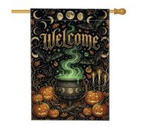 Drapeau de maison chaudron, citrouilles gothiques fantaisistes, chauve-souris, Halloween, vert, double face, en toile de jute pour porche, extérieur, cour, pelouse, patio, porte, entrée, 71,1 x 101,6