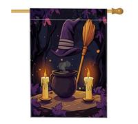 Drapeau de maison chaudron d'Halloween 71,1 x 101,6 cm double face pour décoration extérieure, chapeau Wichy Balai, bougie en lin, drapeau de maison, drapeau de dessin animé amusant pour l'extérieur
