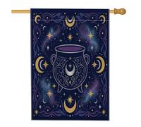 Drapeau de maison chaudron, étoiles célestes mystiques lunes d'Halloween en toile de jute double face pour extérieur, terrasse, cour, pelouse, entrée, balcon, 71,1 x 101,6 cm