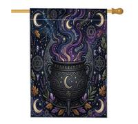 Drapeau de maison chaudron, étoiles cosmiques mystiques, feuilles d'Halloween, violet, double face en toile de jute pour extérieur, cour, pelouse, terrasse, porte, entrée, 71 x 101,6 cm