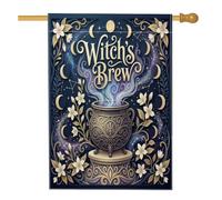 Drapeau de maison chaudron, fleurs mystiques fantaisistes, étoiles, bleu marine, double face, en toile de jute décorative pour extérieur, pelouse, cour, patio, entrée 71,1 x 101,6 cm