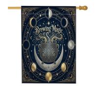 Drapeau de maison chaudron - Phases mystiques de lune - Étoiles d'Halloween - Bleu marine - Double face - En toile de jute - Décoration extérieure - Pour extérieur, terrasse, cour, pelouse, entrée