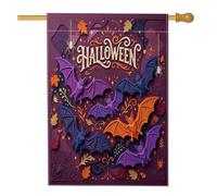 Drapeau de maison chauve-souris festif d'automne avec feuilles d'Halloween violettes en toile de jute double face pour porche, extérieur, pelouse, cour, patio, entrée, 71,1 x 101,6 cm