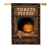 Drapeau de maison citrouilles avec citation de ticket d'Halloween 71 x 101 | Motif cabine de billets, drapeau de cour, feuilles d'automne, toiles d'araignée, jack-o'-lanterne, décorations de cour