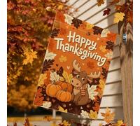 Drapeau de maison citrouilles avec citation Happy Thanksgiving 71 x 101 cm | Feuilles d'automne, drapeau de cour, citrouilles, glands, animal portant une écharpe, motif récolte d'automne
