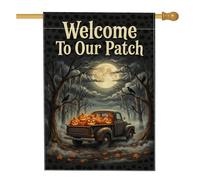 Drapeau de maison citrouilles d'Halloween avec citation de bienvenue 71,1 x | Camion vintage, drapeau de cour, pleine lune, forêt effrayante, corbeaux, récolte d'automne, décoration de ferme