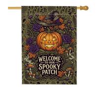Drapeau de maison citrouilles effrayantes et chapeau de sorcière Jack-o | Motif chapeau de sorcière, drapeau de cour, feuilles d'érable d'automne, roses violettes, champignons des bois