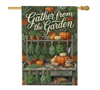 Drapeau de maison citrouilles rustique, herbes aromatiques, outils de jardinage, toile de jute vert automne, drapeaux décoratifs double face pour porche, extérieur, terrasse, pelouse, entrée, camping