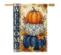 Drapeau de maison citrouilles, rustique traditionnel, feuille de baie, orange automne, double face, en toile de jute pour extérieur, terrasse, pelouse, entrée, camping, 71 x 101,6 cm