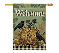 Drapeau de maison citrouilles, rustique, vintage, corbeaux, glands en toile de jute vert automne, drapeaux décoratifs double face pour porche, cour, pelouse, patio, porte, entrée, 71 x 101,6 cm