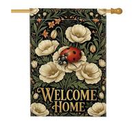 Drapeau de maison coccinelle, botanique vintage coquelicot floral saisonnier en toile de jute noire double face décorative pour extérieur, terrasse, pelouse, entrée, camping 71 x 101,6 cm