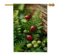 Drapeau de maison coccinelle, fougère bio naturelle, baies vertes, vert printemps, toile de jute double face, décoration extérieure pour porche, terrasse, cour, pelouse, entrée, balcon, 71 x 101 cm
