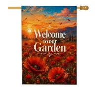 Drapeau de maison coquelicot, paysage naturel, coucher de soleil, montagnes, printemps, rouge, double face, en toile de jute pour porche, extérieur, pelouse, cour, patio, entrée, 71,1 x 101,6 cm