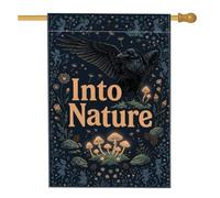 Drapeau de maison corbeau, champignons mystiques, fleurs d'automne bleu foncé double face en toile de jute décorative pour extérieur, terrasse, cour, pelouse, entrée, balcon, 71 x 101 cm