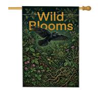 Drapeau de maison corbeau - Fleurs réalistes - Feuilles vertes printanières - Double face en toile de jute - Drapeaux décoratifs pour extérieur, cour, pelouse, patio, porte, entrée - 71 x 101,6 cm