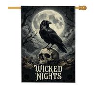 Drapeau de maison corbeau, gothique effrayant crâne lune Halloween toile de jute noire double face pour porche avant extérieur cour pelouse patio porte entrée 71,1 x 101,6 cm