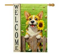 Drapeau de maison Corgi - Motif tournesol - Abeilles - Jaune printemps - Double face - Pour porche avant - Pour extérieur, terrasse, cour, pelouse, entrée, balcon - 71 x 101 cm