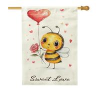 Drapeau de maison d'abeilles, fantaisie avec cœur mignon rose, Saint-Valentin, toile de jute jaune, double face, décoration extérieure, porche, drapeaux pour extérieur, terrasse, pelouse, entrée