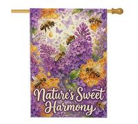 Drapeau de maison d'abeilles, motif floral printanier lilas nid d'abeille violet printemps double face en toile de jute avant de porche décoratif pour extérieur, terrasse, pelouse, entrée, camping