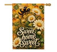 Drapeau de maison d'abeilles, printemps nature chrysanthème nid d'abeille jaune printemps double face toile de jute extérieur grand drapeau de jardin pour extérieur, cour, pelouse, patio, porte