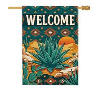 Drapeau de maison d'agave, motif cactus bohémien du sud-ouest du désert d'été bleu sarcelle double face en toile de jute décorative pour extérieur, cour, pelouse, terrasse, porte, entrée, 71 x 101 cm