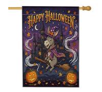Drapeau de maison d'âne d'Halloween 71,1 x 101,6 cm pour l'extérieur, sorcière drôle de vacances, drapeau vertical standard en lin pour la maison, le devant de la cour et l'automne, décoration