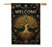 Drapeau de maison dans les arbres, bienvenue nature, feuilles, racines, saisonniers, dorés, double face, en toile de jute pour porche, extérieur, terrasse, pelouse, entrée, camping, 71,1 x 101,6 cm
