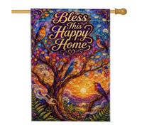 Drapeau de maison dans un arbre, nature colorée oiseau soleil printemps bleu toile de jute double face extérieur grand drapeau de jardin pour extérieur, cour, pelouse, patio, porte, entrée 71,1 x